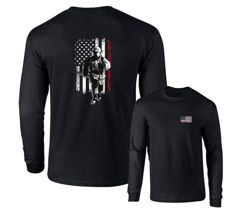 FIREFIGHTER RUNNING THIN RED LINE US FLAG LONG SLEEVE T-SHIRT F&B, Black, S