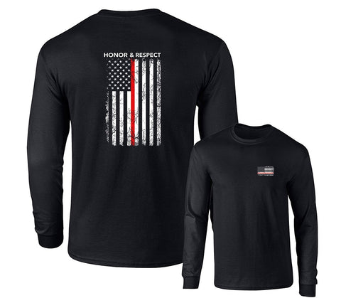 Honor Respect U.S. Flag Red Line Firefighter Long Sleeve T-Shirt, Black, S