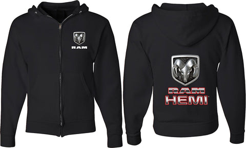 RAM HEMI LOGO DODGE MOPAR BADGE FULL ZIP UP HOODIE SWEATSHIRT (F&B), Black, S