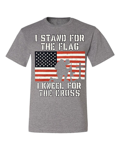 I Stand for the Flag I Kneel for the Cross Patriotic Military Tee, Gray, S