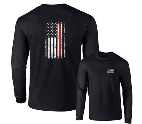 THIN RED LINE FIREFIGHTERS USA FLAG LONG SLEEVE T-SHIRT F&B, Black, S