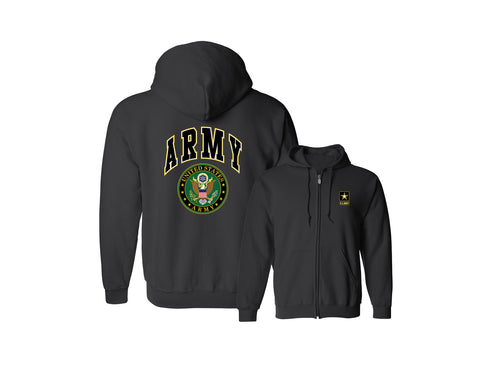 US ARMY FULL-ZIP UP HOODED SWEATSHIRT ARMY LOGO CREST PATRIOTIC CLOTHING (F&B)