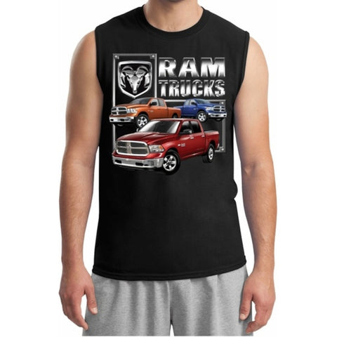 Mens Dodge Sleeveless Muscle Ram(3 Trucks) Muscle Tee (Front Print), Black, S