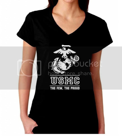 USMC The Few The Proud White Marines Logo Women's V-Neck Tee